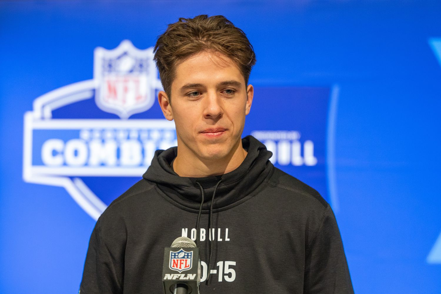 McCaffrey during the NFL scouting combine on March 1, 2024.